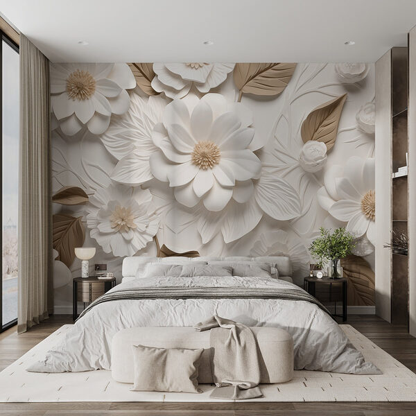 White and brown flowers and leaves Wall murals White and brown flowers and leaves