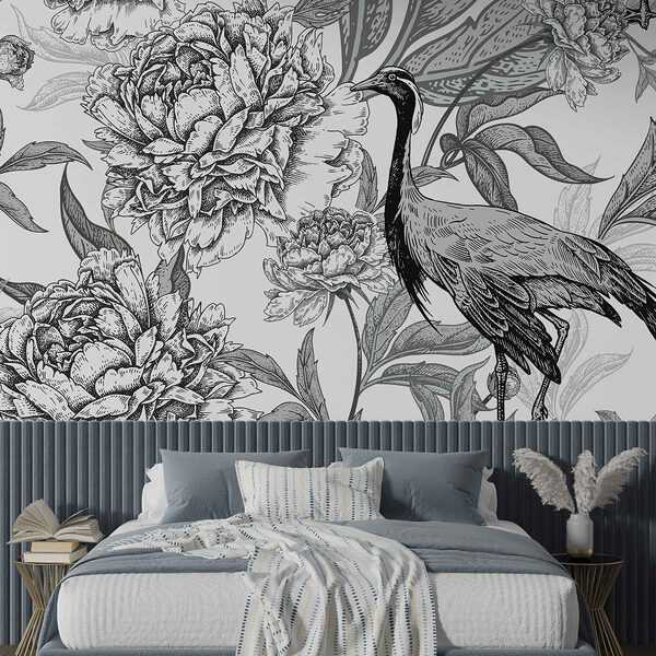 Bird and flowers on a white background Wall murals Bird and flowers on a white background