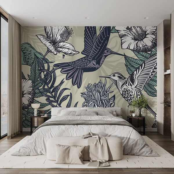 Bird flying over flowers Wall murals Bird flying over flowers