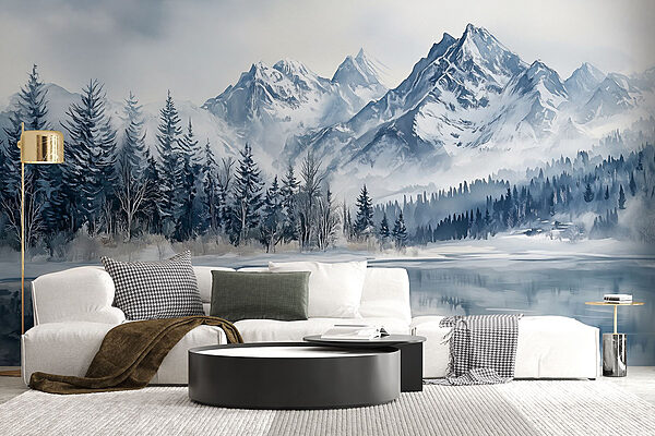Lake with snow covered mountains and trees Wall murals Lake with snow covered mountains and trees