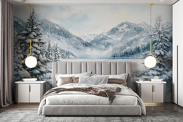 Snowy landscape with trees and mountains Wall murals Snowy landscape with trees and mountains