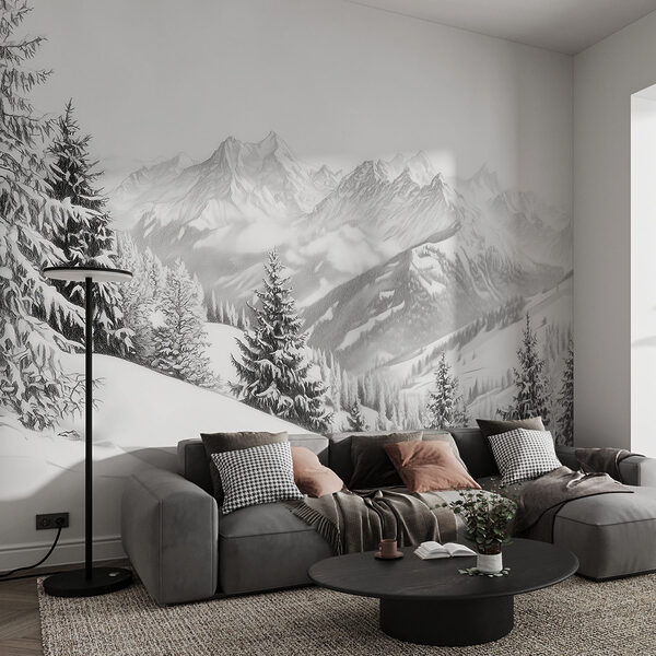 Wall mural Snowy mountain with trees and mountains in the background