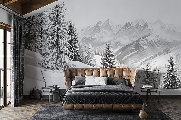 Snowy mountain with trees and mountains in the background Wall murals Snowy mountain with trees and mountains in the background
