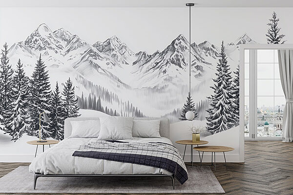 Wall murals Drawing of a snowy mountain range (SKU: w02352)