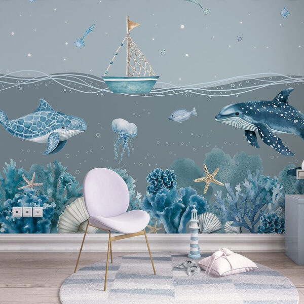 Wall mural Sea life with a boat and fish