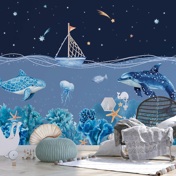Sea life with a boat and a whale Wall murals Sea life with a boat and a whale