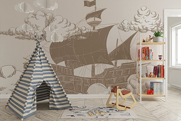 Drawing of a ship with a flag on it Wall murals Drawing of a ship with a flag on it