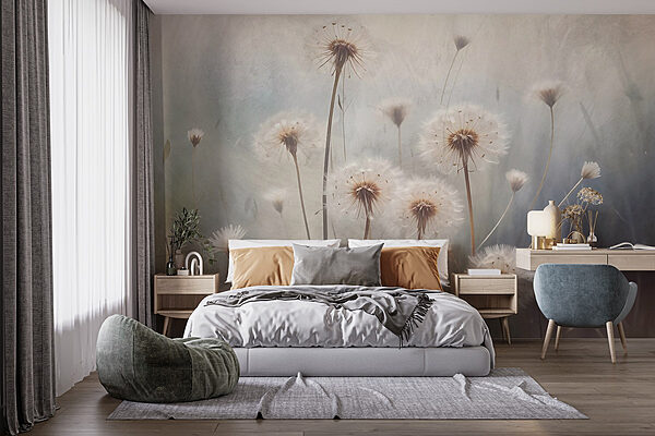 Delicate white dandelions in bloom Wall murals Delicate white dandelions in bloom