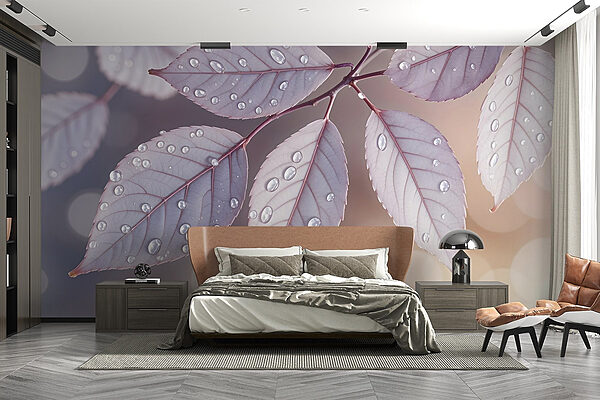 Delicate leaves adorned with raindrops Wall murals Delicate leaves adorned with raindrops