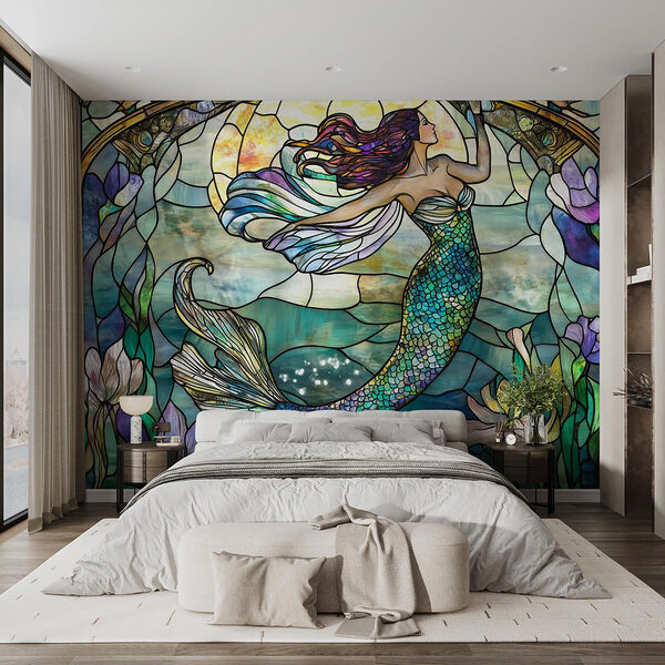 Stained glass window with a mermaid Wall murals Stained glass window with a mermaid