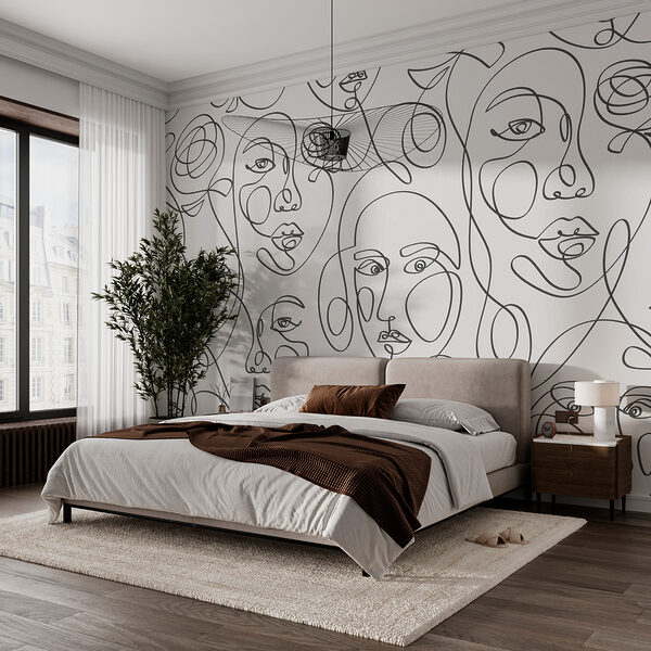 Pattern of faces drawn with black lines Wall murals Pattern of faces drawn with black lines