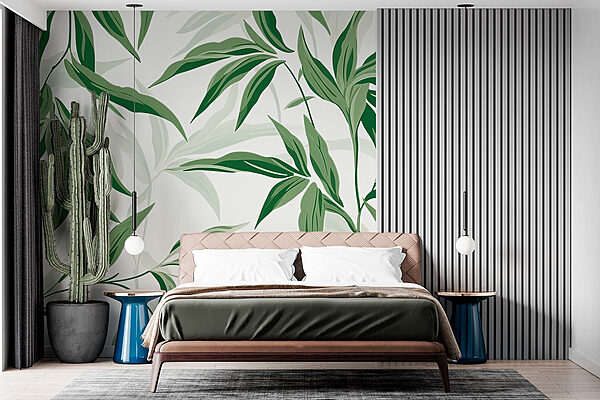 Green leaves on a white background Wall murals Green leaves on a white background