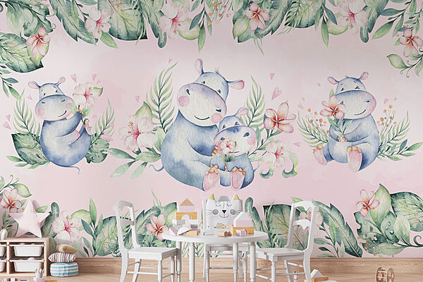 Seamless pattern of watercolor hippos and flowers Wall murals Seamless pattern of watercolor hippos and flowers