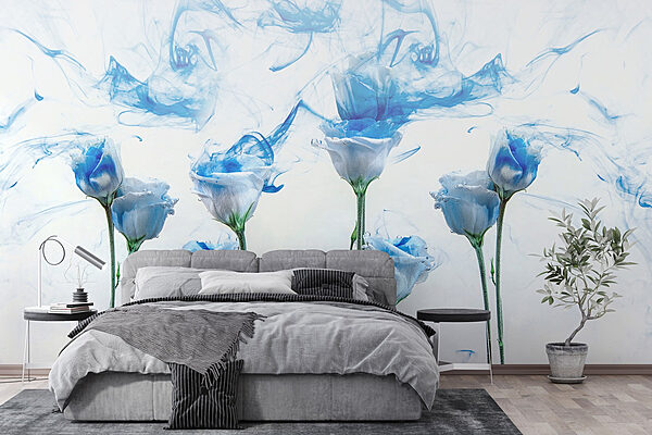Group of flowers with blue ink in water Wall murals Group of flowers with blue ink in water