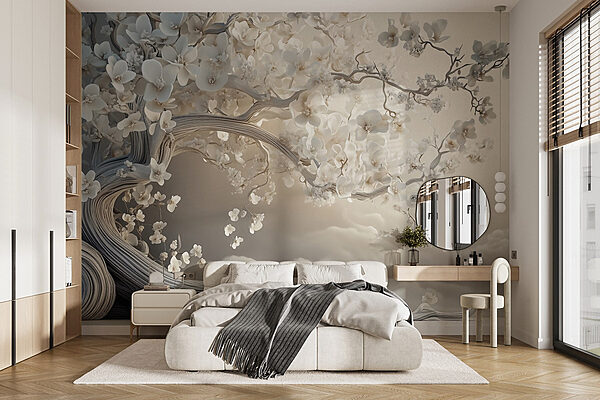 Wall murals White tree with white flowers (SKU: w02133)