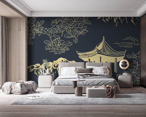 Pagoda and mountains with flowers Wall murals Pagoda and mountains with flowers