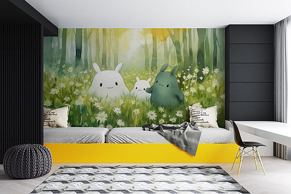 Group of cartoon characters in a field of flowers Wall murals Group of cartoon characters in a field of flowers