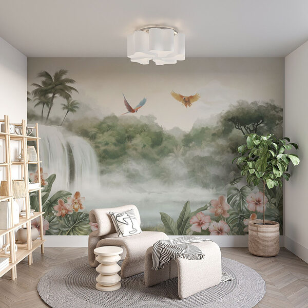 Wall mural Waterfall with birds flying over it