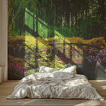 Wall murals Bridge over water with trees and plants