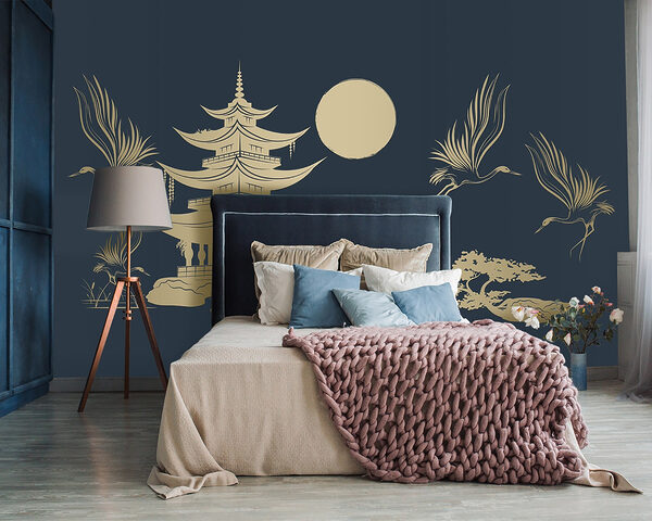 Drawing of a pagoda and cranes Wall murals Drawing of a pagoda and cranes