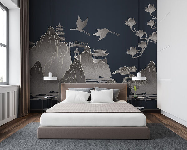 Painting of mountains and cranes Wall murals Painting of mountains and cranes