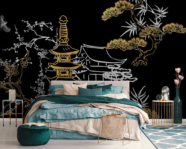 Serene Asian landscape with intricate designs Wall murals Serene Asian landscape with intricate designs