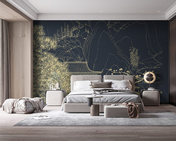 Drawing of a building and mountains Wall murals Drawing of a building and mountains
