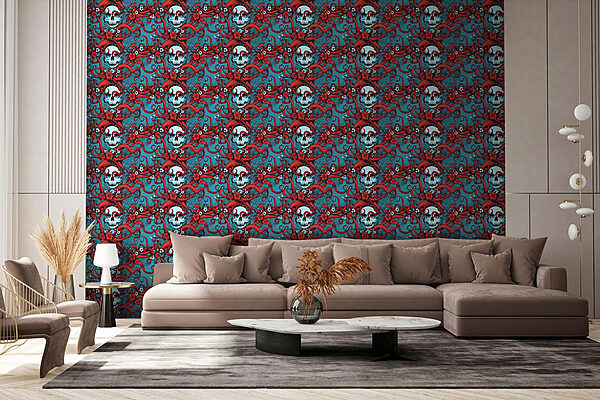 Pattern of skulls in red hats Wall murals Pattern of skulls in red hats