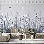 Wall murals Field of grass with birds flying