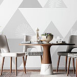 Wall murals White and grey triangles with a pattern of leaves