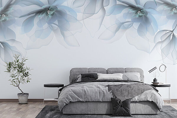 Group of flowers with white and blue flowers Wall murals Group of flowers with white and blue flowers