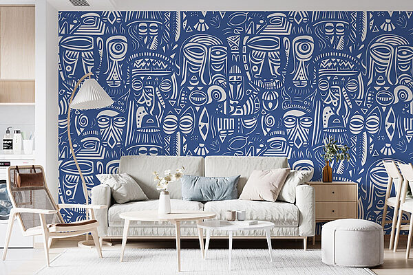 Blue and white pattern of faces Wall murals Blue and white pattern of faces