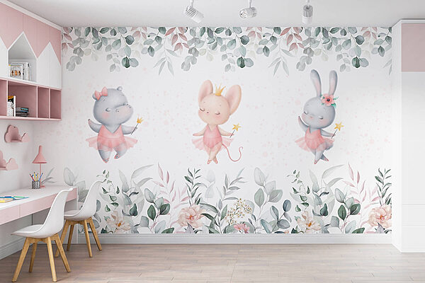 Group of animals in pink tutu skirts and flowers Wall murals Group of animals in pink tutu skirts and flowers