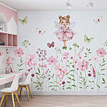 Wall murals Watercolor of a fairy in a pink dress surrounded by flowers