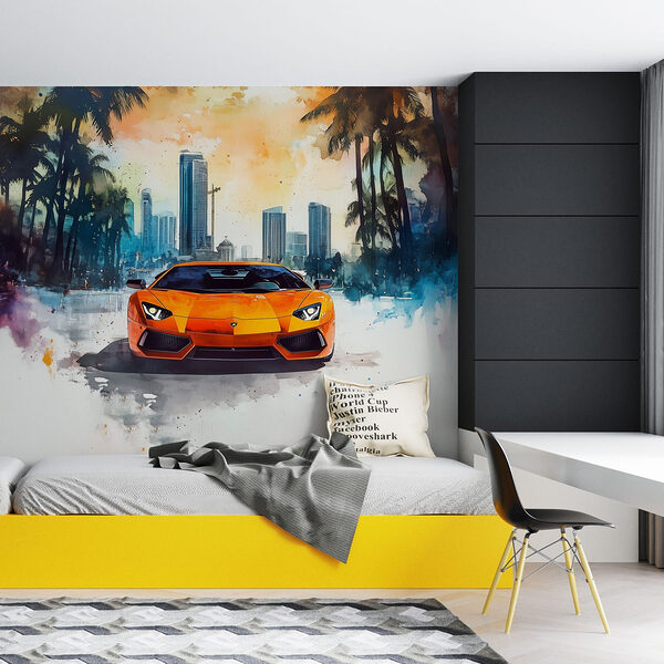 Wall mural Wall mural Orange sports car in the snow (SKU: w01964)