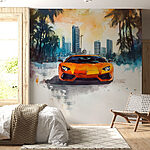 Wall murals Orange sports car in the snow
