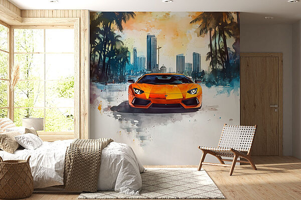 Orange sports car in the snow Wall murals Orange sports car in the snow