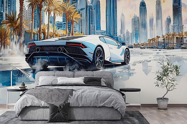 Wall murals Painting of a white sports car driving on a road with palm trees (SKU: w01963)