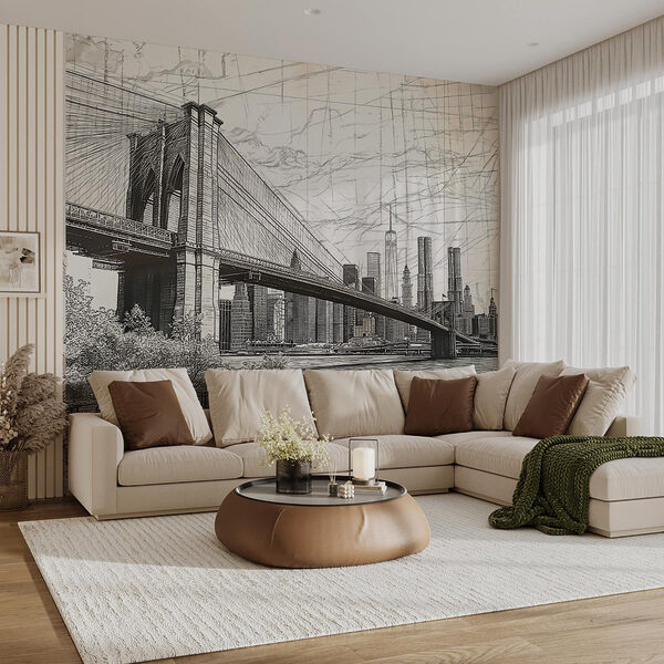 Wall mural Drawing of a bridge and a city