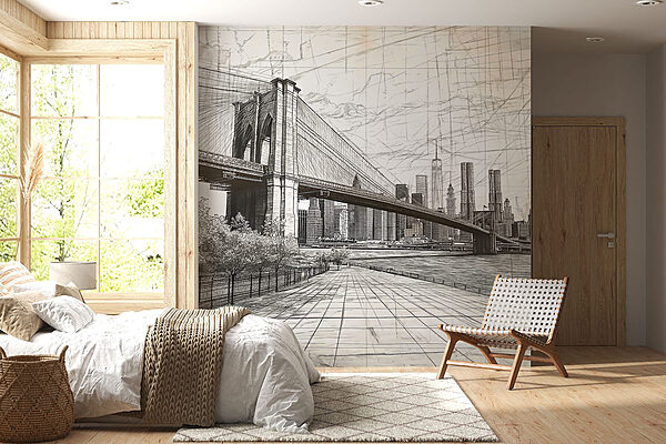 Drawing of a bridge and a city Wall murals Drawing of a bridge and a city