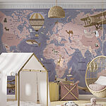 Wall murals Map of the world with airplanes and hot air balloons