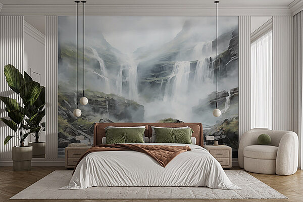 Waterfall in foggy mountains Wall murals Waterfall in foggy mountains