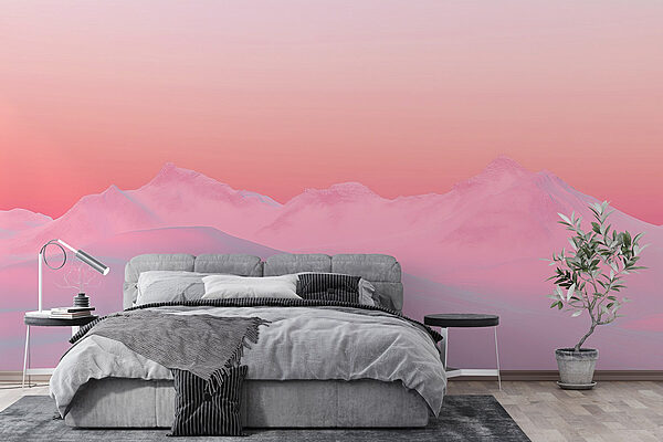 Pink and blue sky over a snowy mountain range Wall murals Pink and blue sky over a snowy mountain range