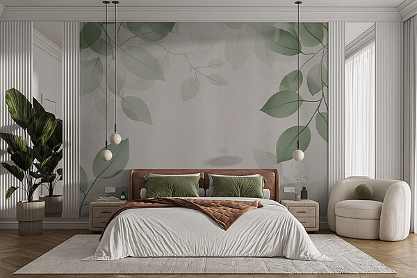 Green leaves on a white background Wall murals Green leaves on a white background