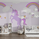 Wall mural Purple unicorn with stars and rainbows