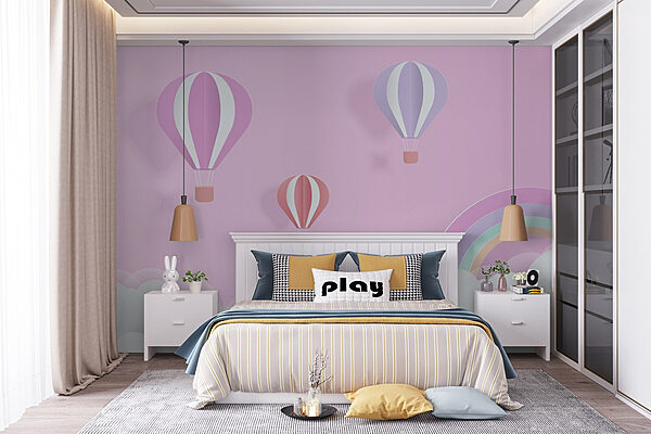 Pink background with balloons and a rainbow Wall murals Pink background with balloons and a rainbow