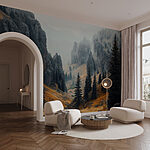 Wall murals Rocky mountains with trees and fog