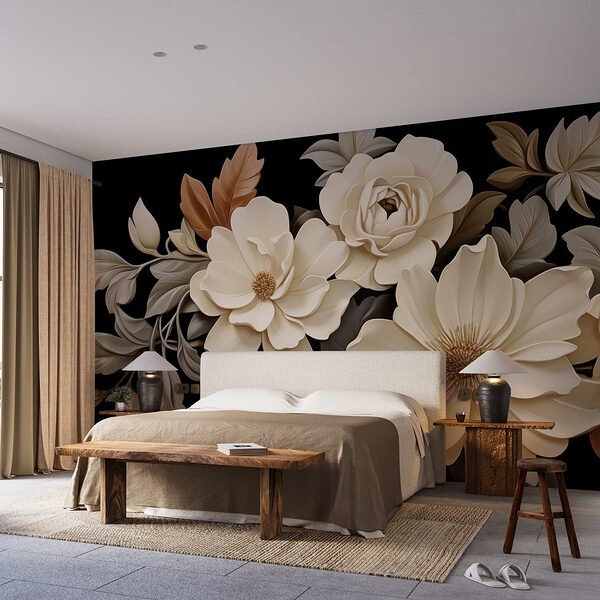 Wall murals Wall murals Group of white flowers with brown leaves (SKU: w02602)