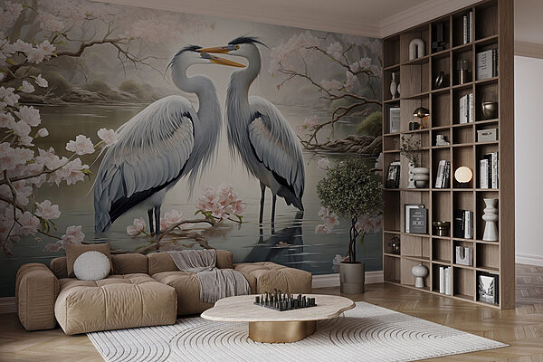 Couple of white birds standing in water with pink flowers Wall murals Couple of white birds standing in water with pink flowers
