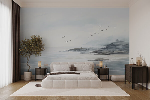 Birds flying over a rocky beach Wall murals Birds flying over a rocky beach